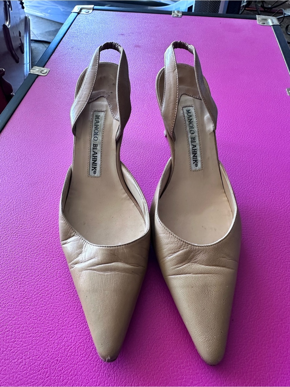 Manolo Blahnik Tan Leather Pointed Slingback Pumps